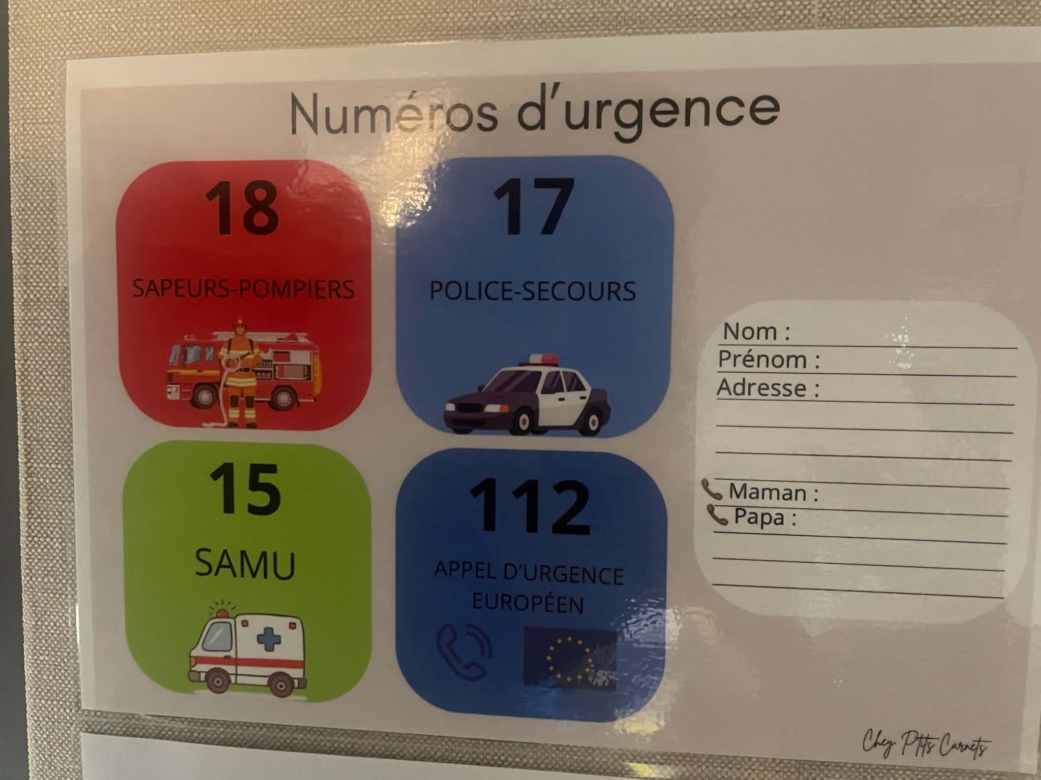 Affiche A4 numéros d'urgence